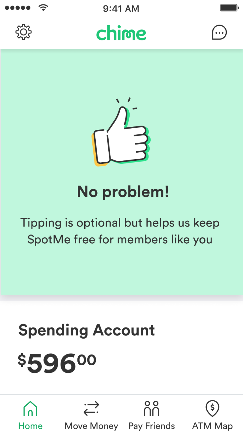 A screenshot of the Chime tipping experience after redesign.